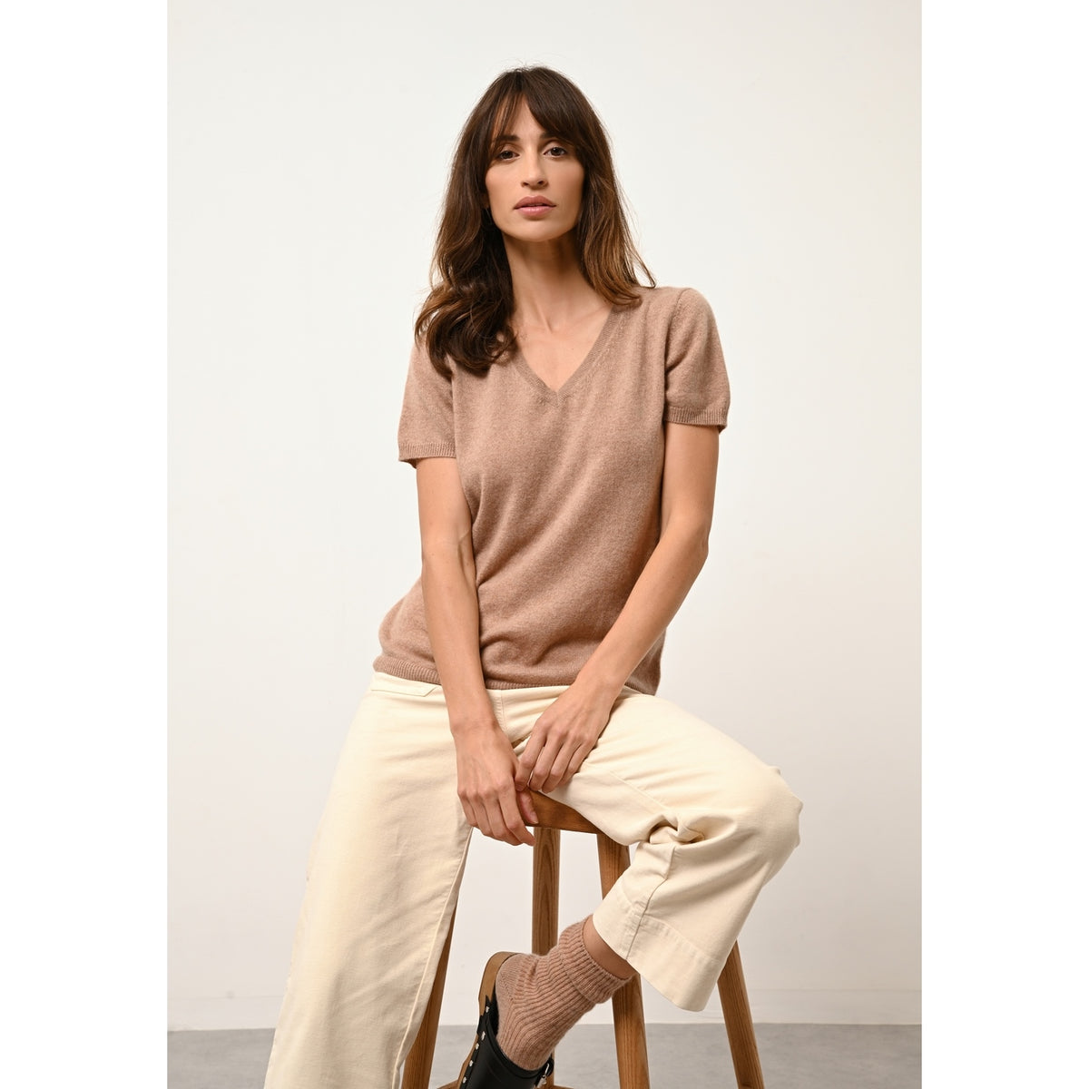 T-Shirt Col V - Glamis - Camel Chiné