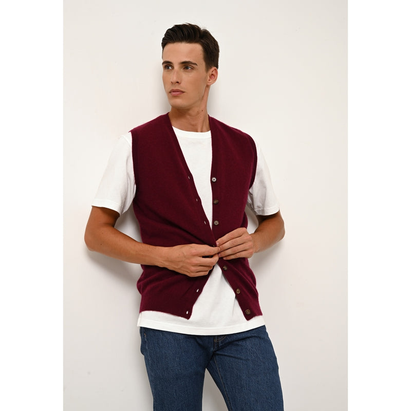 Cardigan Col V Sans Manches Lana - 100% Cachemire 2 Fils - Bordeaux - Homme