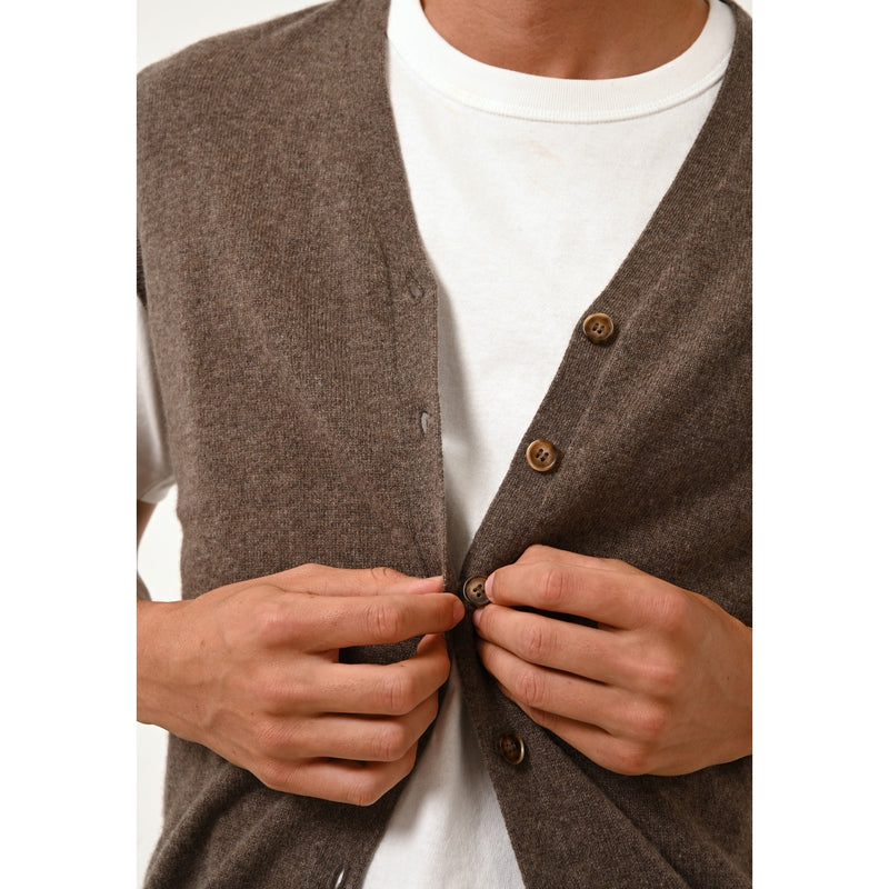 Cardigan Col V Sans Manches Lana - 100% Cachemire 2 Fils - Taupe Chiné - Homme