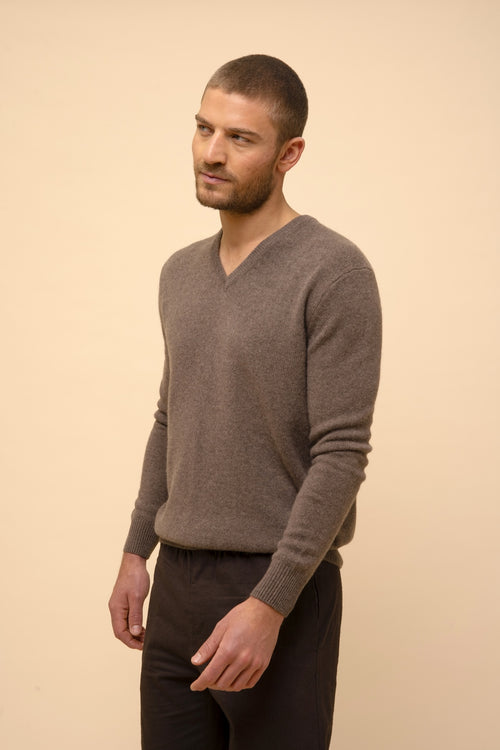 Pull Col V 4 Fils - Nathan - Taupe Chiné