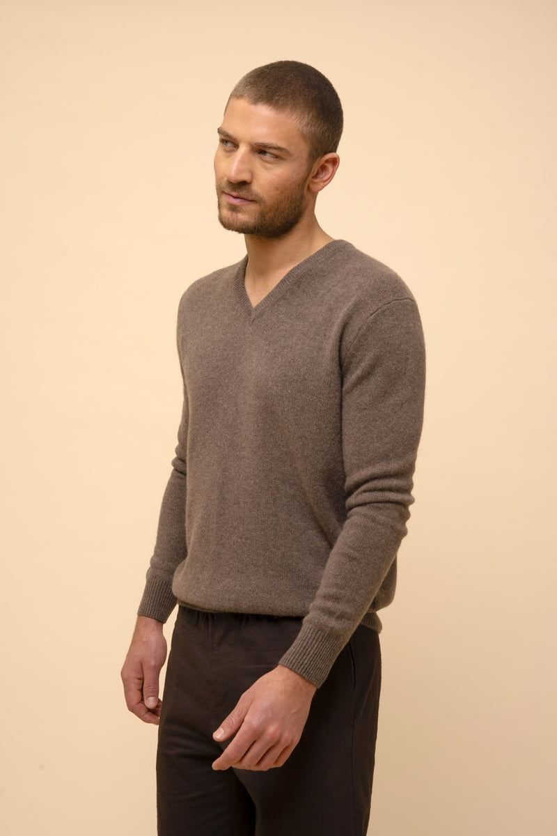 Pull Col V 4 Fils - Nathan - Taupe Chiné