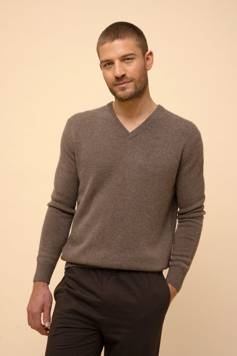 Pull Col V 4 Fils - Nathan - Taupe Chiné