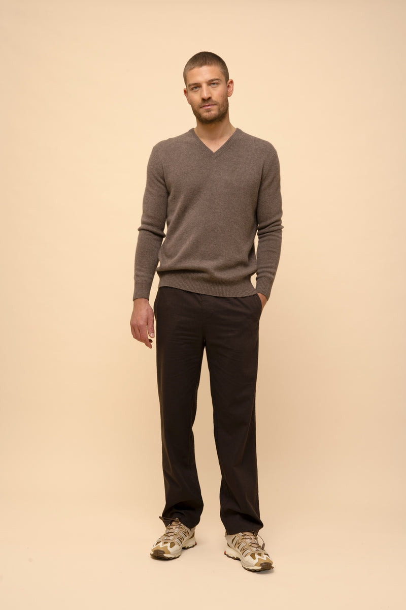 Pull Col V 4 Fils - Nathan - Taupe Chiné