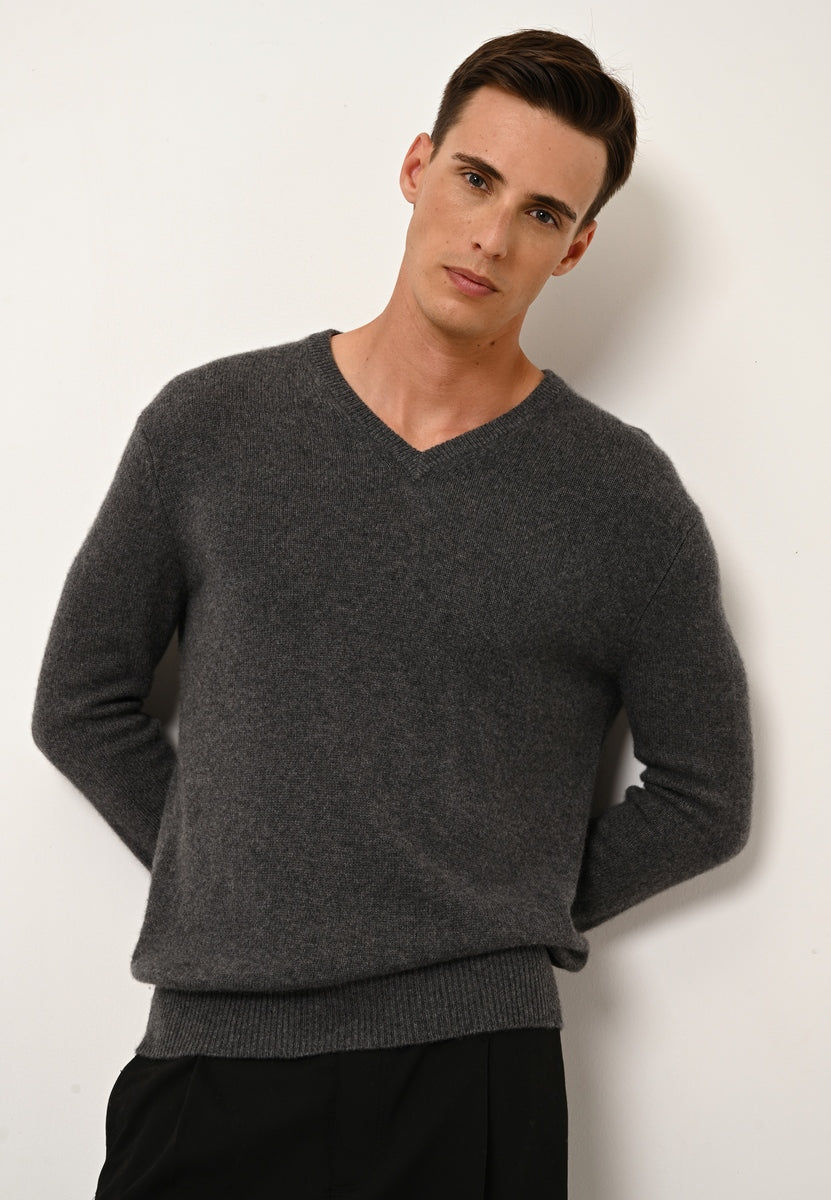 4-Ply V-Neck Jumper - Nathan - Mottled Anthracite