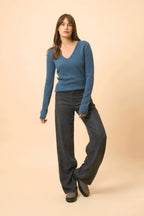 4-Ply V-Neck Jumper - Abby - 100% Cashmere, 4-Ply - Mottled Teal - Women