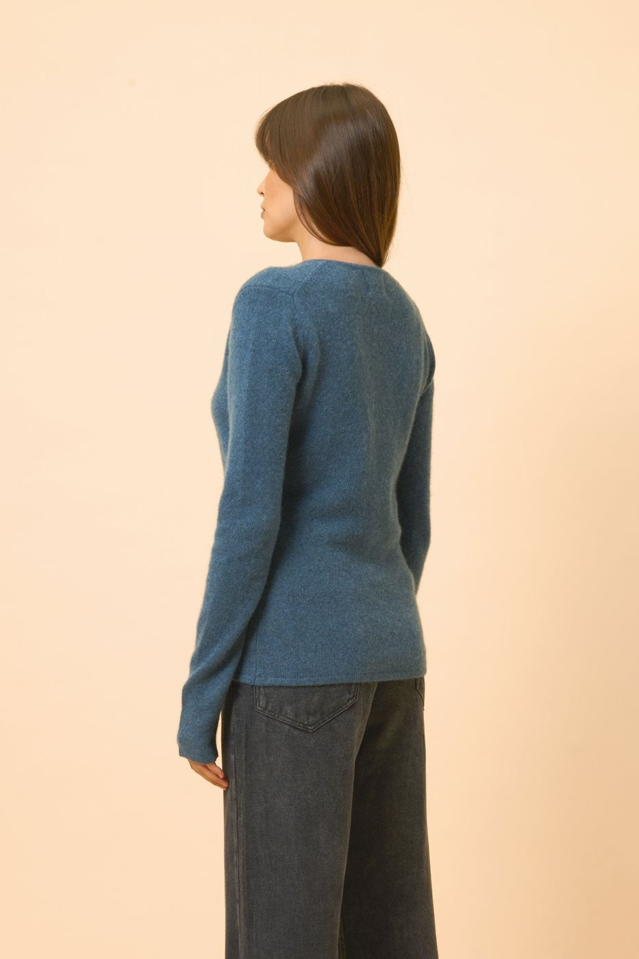 4-Ply V-Neck Jumper - Abby - 100% Cashmere, 4-Ply - Mottled Teal - Women