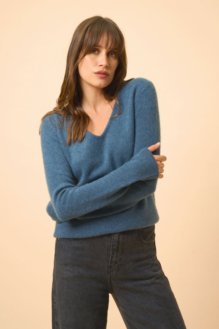 4-Ply V-Neck Jumper - Abby - 100% Cashmere, 4-Ply - Mottled Teal - Women