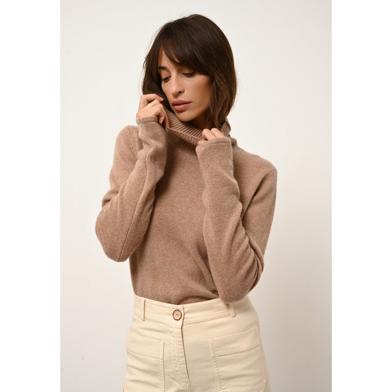 Cashmere  sudadera Just - June Jersey cuello vuelto jaspeado camel, 100% cachemira, 4 hilos, - Mujer