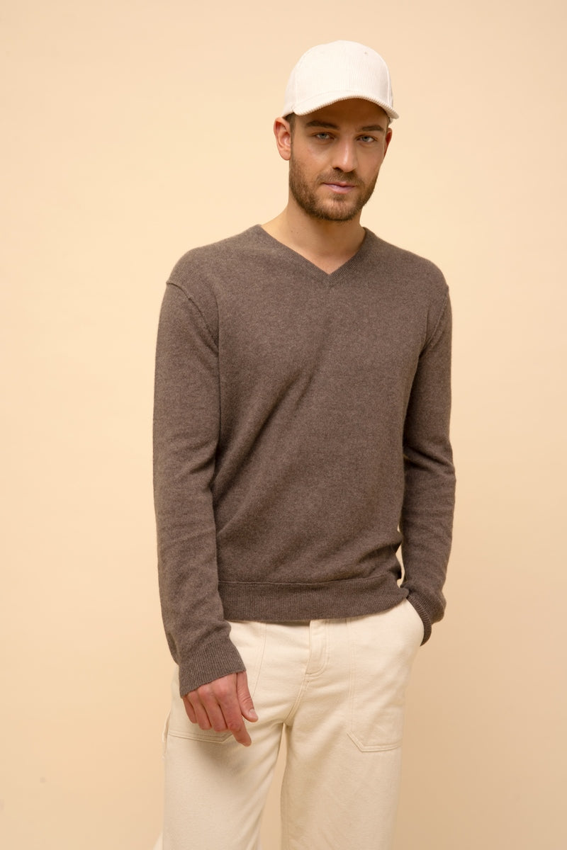 Pull Col V  Tom - 100% Cachemire 2 Fils - Taupe Chiné - Homme