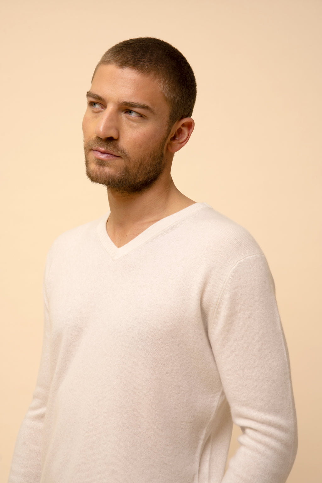 Pull Col V  Walt - 100% Cachemire 2 Fils - Ivoire - Homme