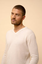 Pull Col V  Walt - 100% Cachemire 2 Fils - Ivoire - Homme