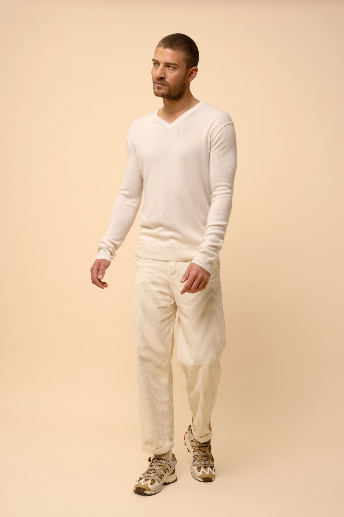 Pull Col V  Walt - 100% Cachemire 2 Fils - Ivoire - Homme