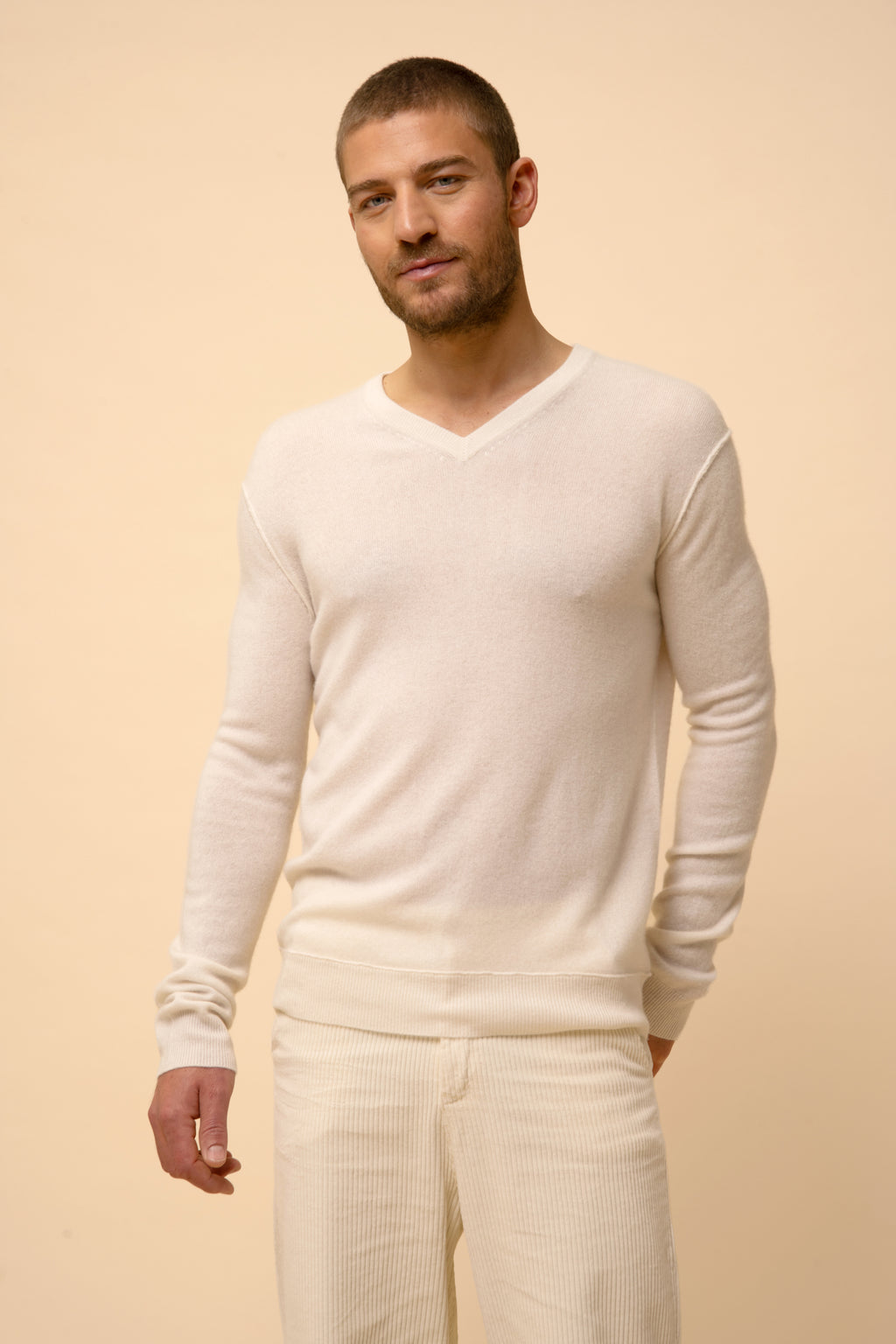 Pull Col V  Walt - 100% Cachemire 2 Fils - Ivoire - Homme