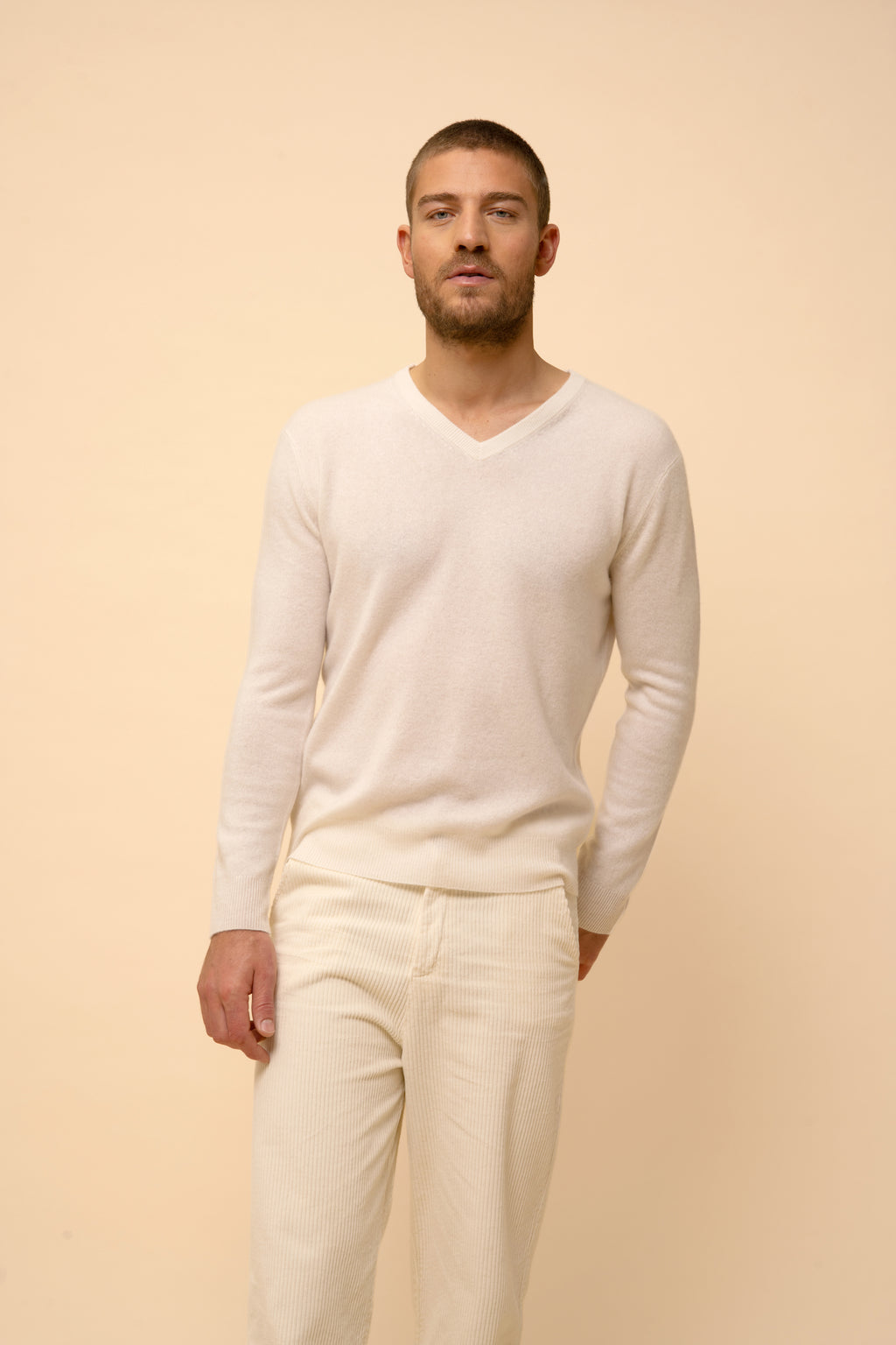 Pull Col V  Walt - 100% Cachemire 2 Fils - Ivoire - Homme