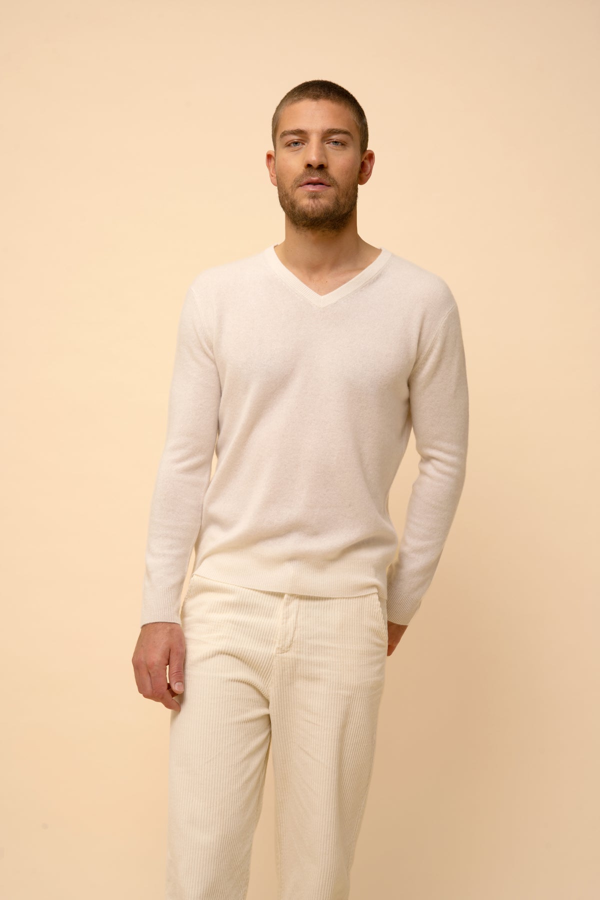 Pull Col V  Walt - 100% Cachemire 2 Fils - Ivoire - Homme