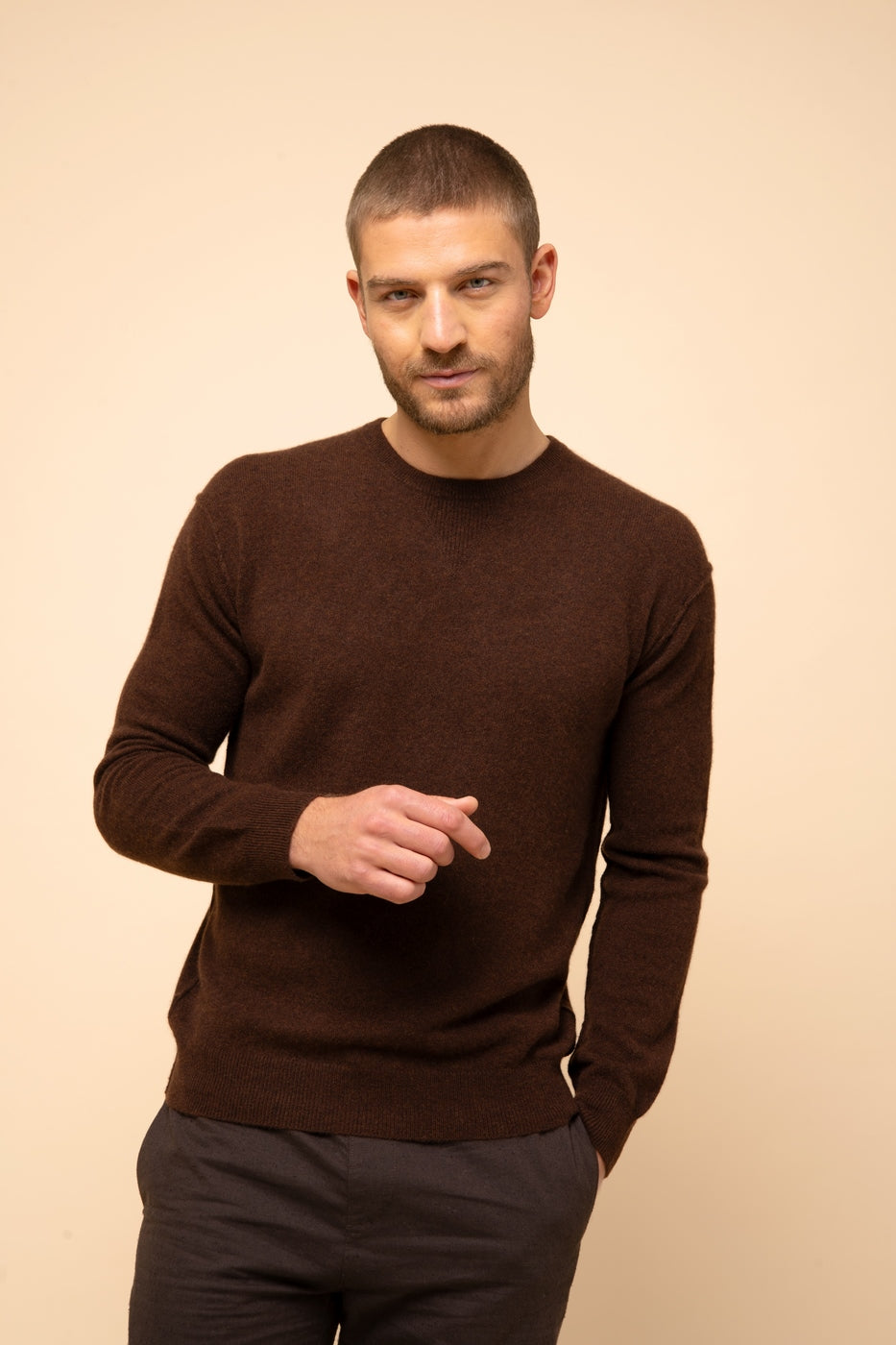 Round Neck Sweater-Noe-100% Cashmere, 2 Yarns-Coffee-Men