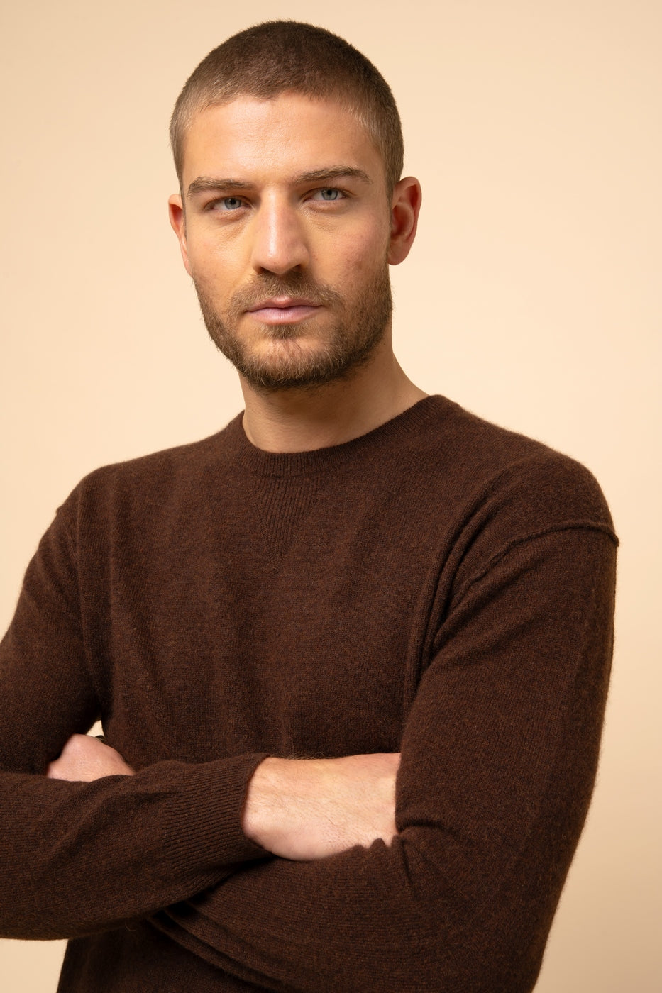 Round Neck Sweater-Noe-100% Cashmere, 2 Yarns-Coffee-Men