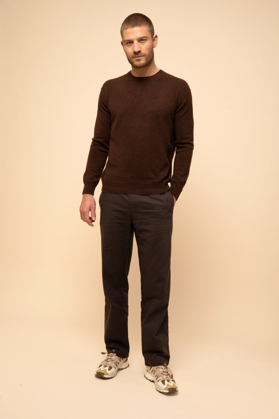 Round Neck Sweater-Noe-100% Cashmere, 2 Yarns-Coffee-Men