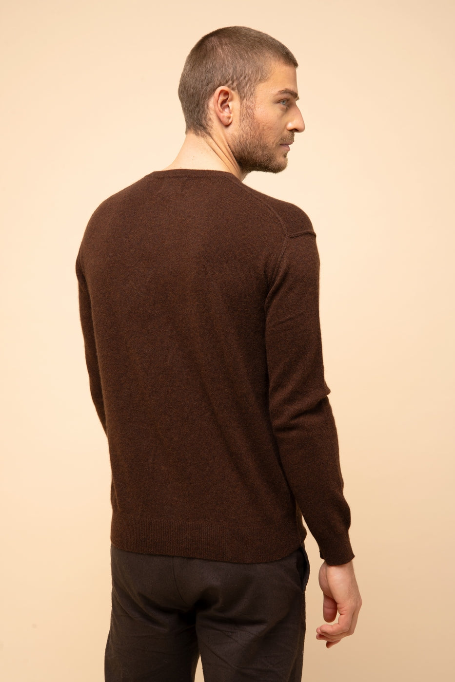 Round Neck Sweater-Noe-100% Cashmere, 2 Yarns-Coffee-Men