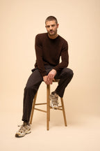 Round Neck Sweater-Noe-100% Cashmere, 2 Yarns-Coffee-Men