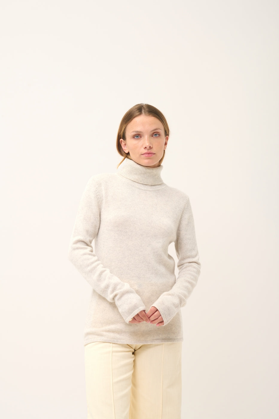 Four-Ply Roll-Neck Jumper - June - Mottled Pearl Grey