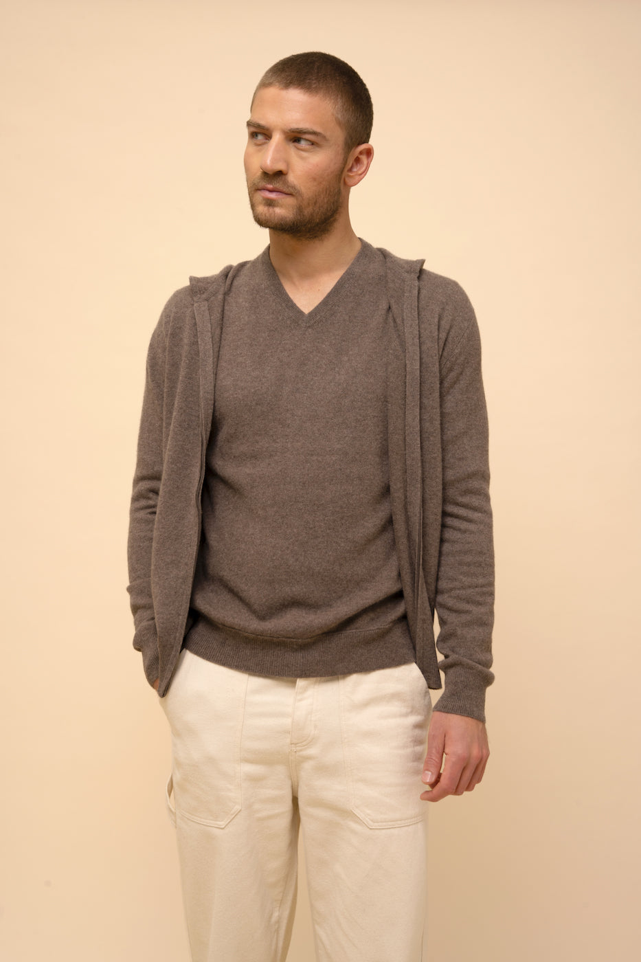Zip-Up Hooded Cardigan - Elliot - Mottled Taupe
