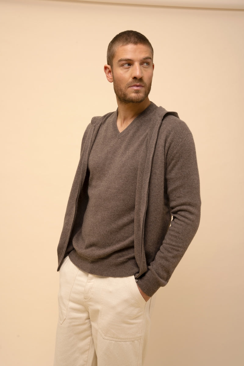 Zip-Up Hooded Cardigan - Elliot - Mottled Taupe