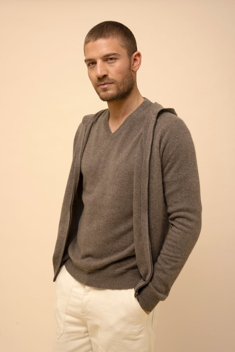 Zip-Up Hooded Cardigan - Elliot - Mottled Taupe