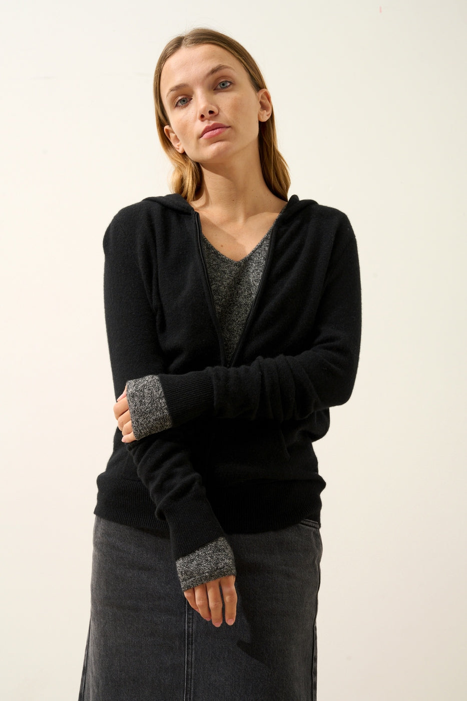 Zipped Hooded Cardigan - Debbie - Black