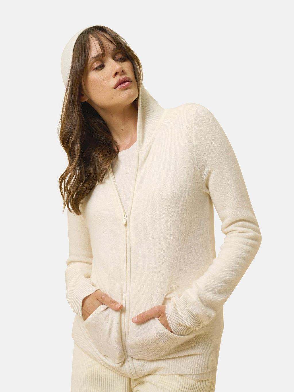 Hooded Zip-Up Cardigan - Debbie - Ivory