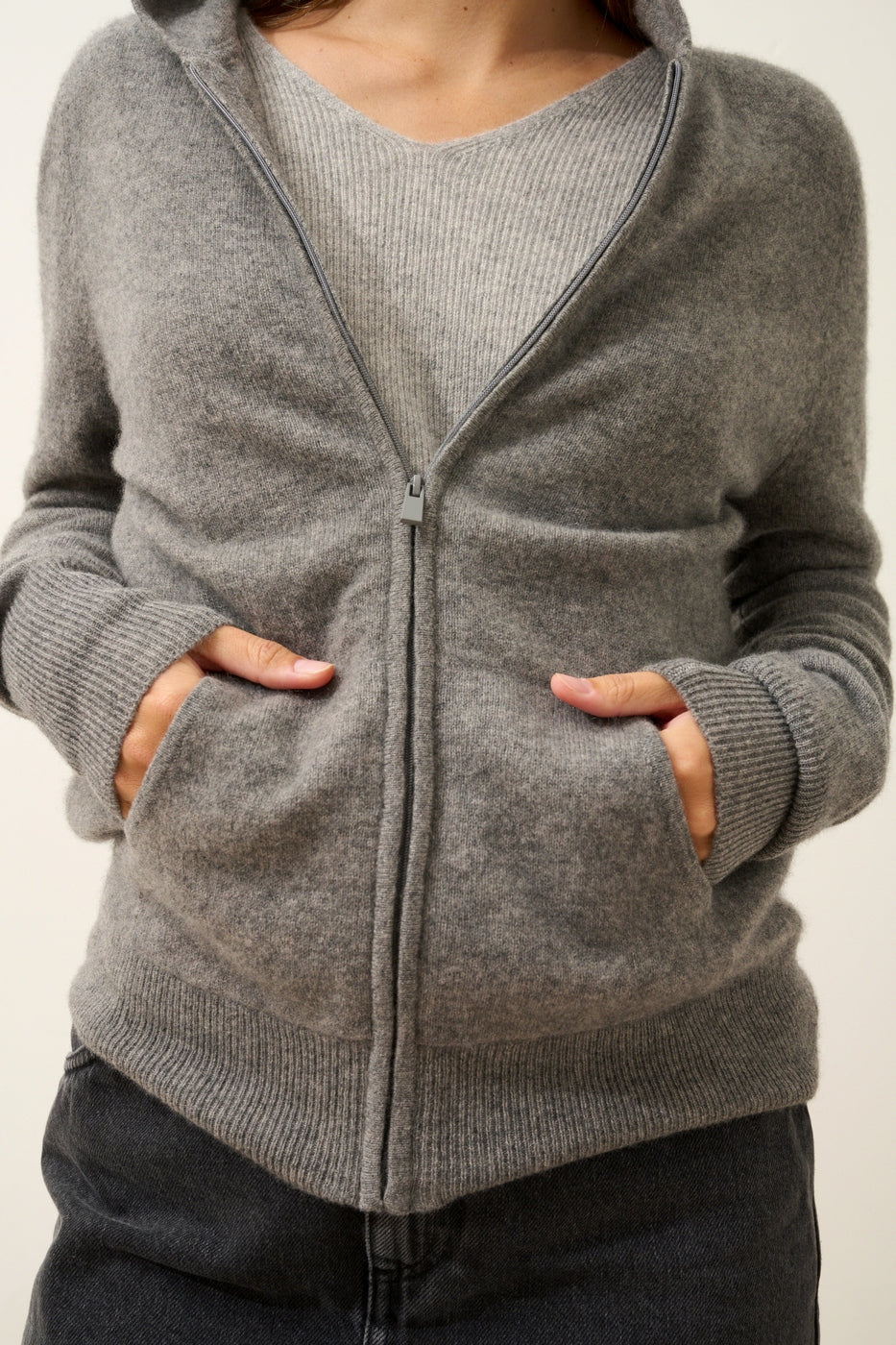 Zip-Up Hooded Cardigan - Debbie - Mottled Flannel