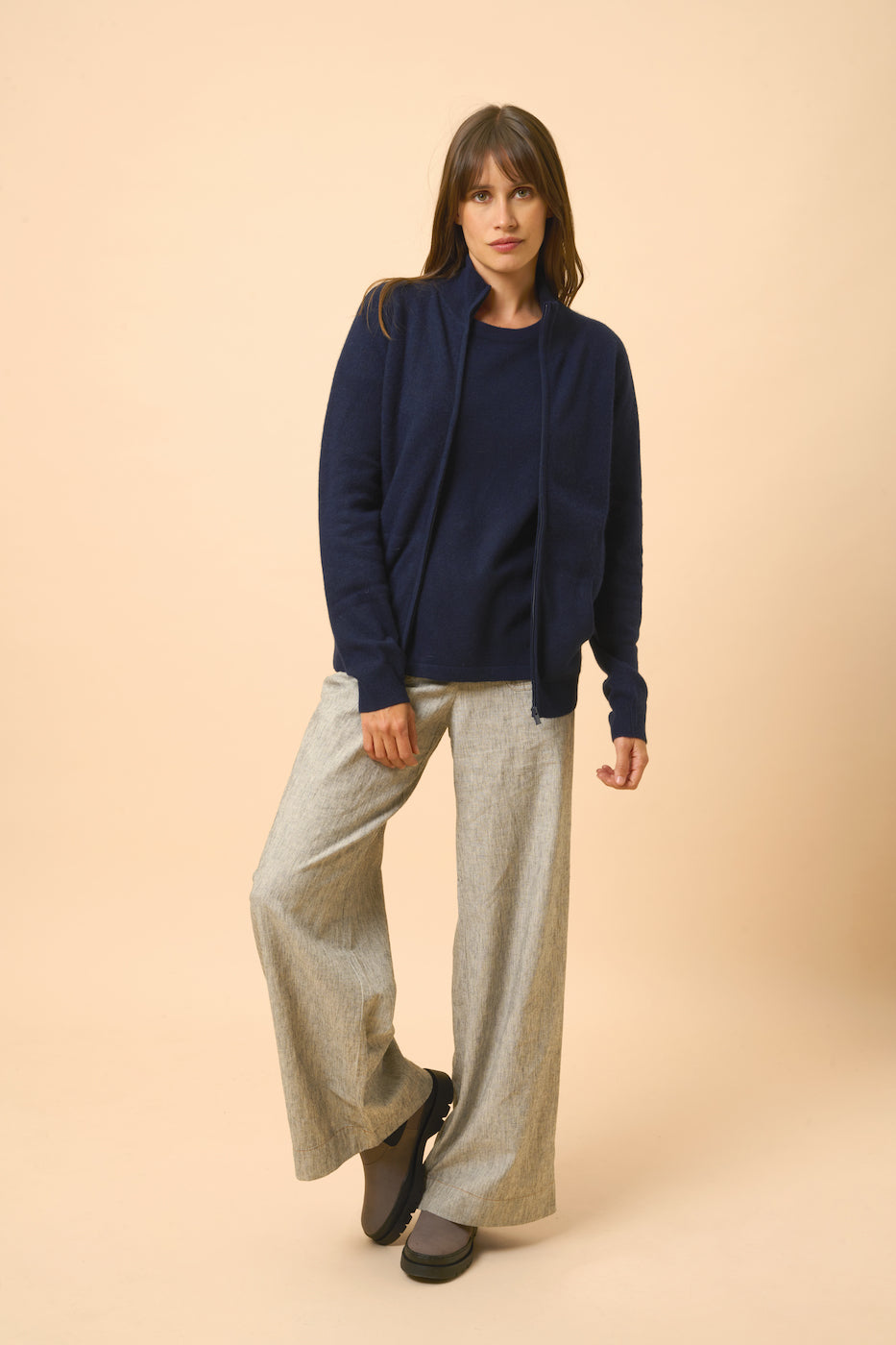 Zip-Up Stand Collar Cardigan - Ayr - Navy