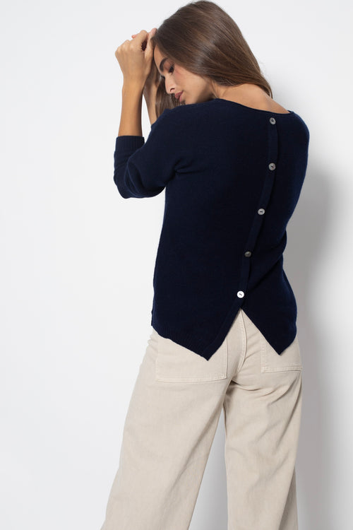 Pull Col Rond Boutons Dos Olena - Navy - 100% Cachemire 2 Fils - Jersey - Femme