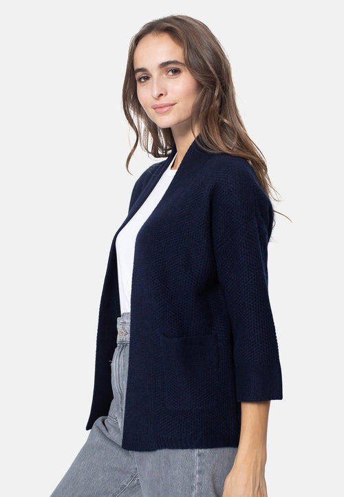 Veste Kimono 4 Fils Aboyne - Navy - 100% Cachemire 4 Fils - Grain De Riz - Femme