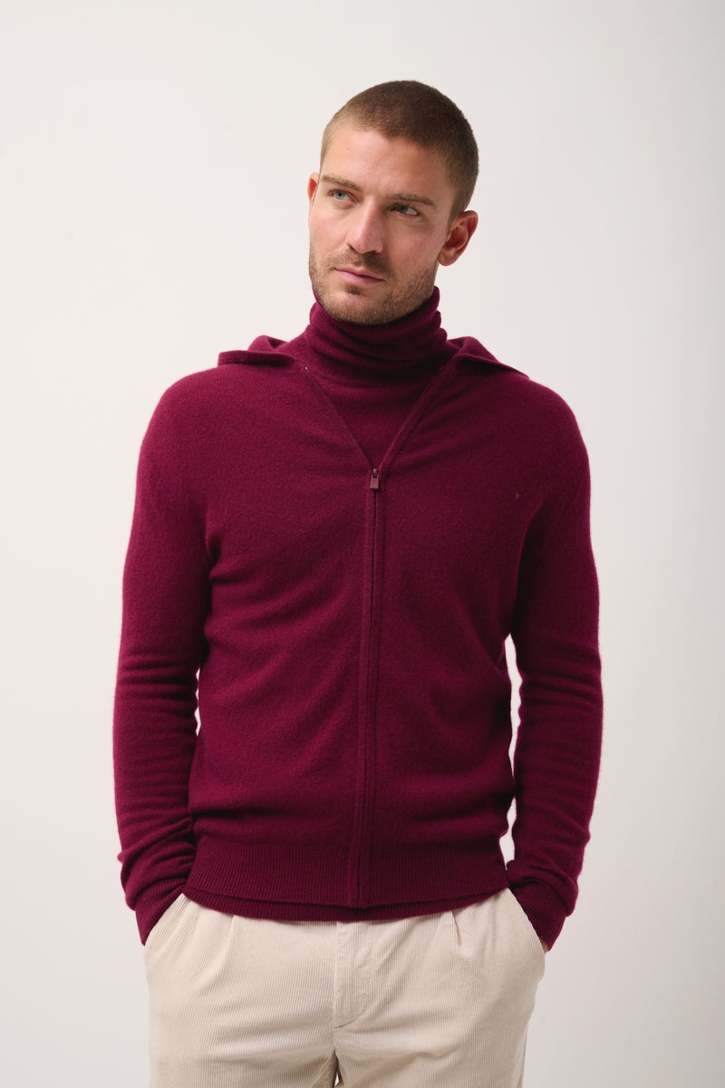 Gilet Zippé Capuche Elliot - 100% Cachemire 2 Fils - Bordeaux - Homme