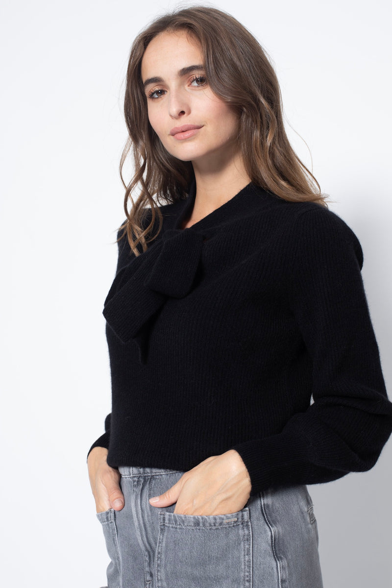 Pull Col Lavallière Noty - Noir - 100% Cachemire 2 Fils - Cote Anglaise - Femme