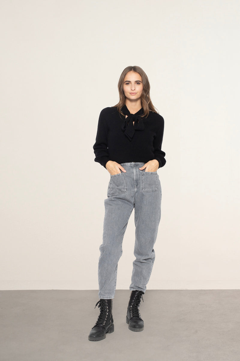 Pull Col Lavallière Noty - Noir - 100% Cachemire 2 Fils - Cote Anglaise - Femme