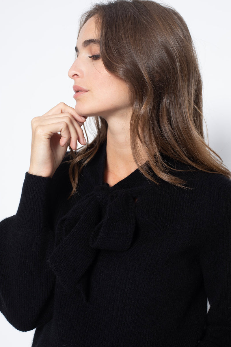 Pull Col Lavallière Noty - Noir - 100% Cachemire 2 Fils - Cote Anglaise - Femme