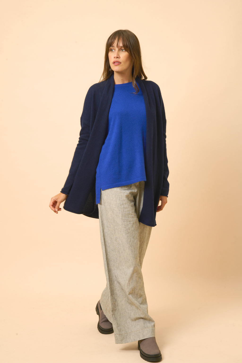 Gilet Long Ouvert Col Châle Maddie - 100% Cachemire 2 Fils - Navy - Femme