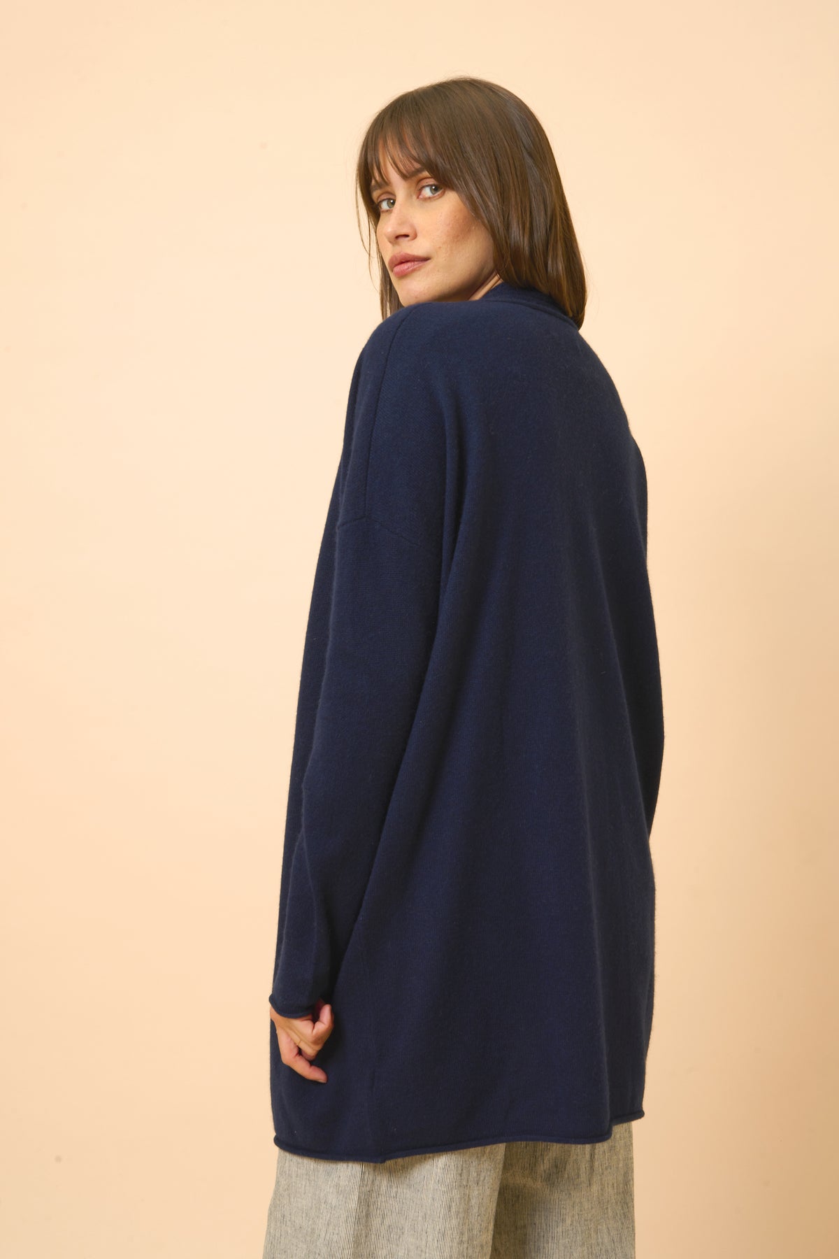 Gilet Long Ouvert Col Châle Maddie - 100% Cachemire 2 Fils - Navy - Femme
