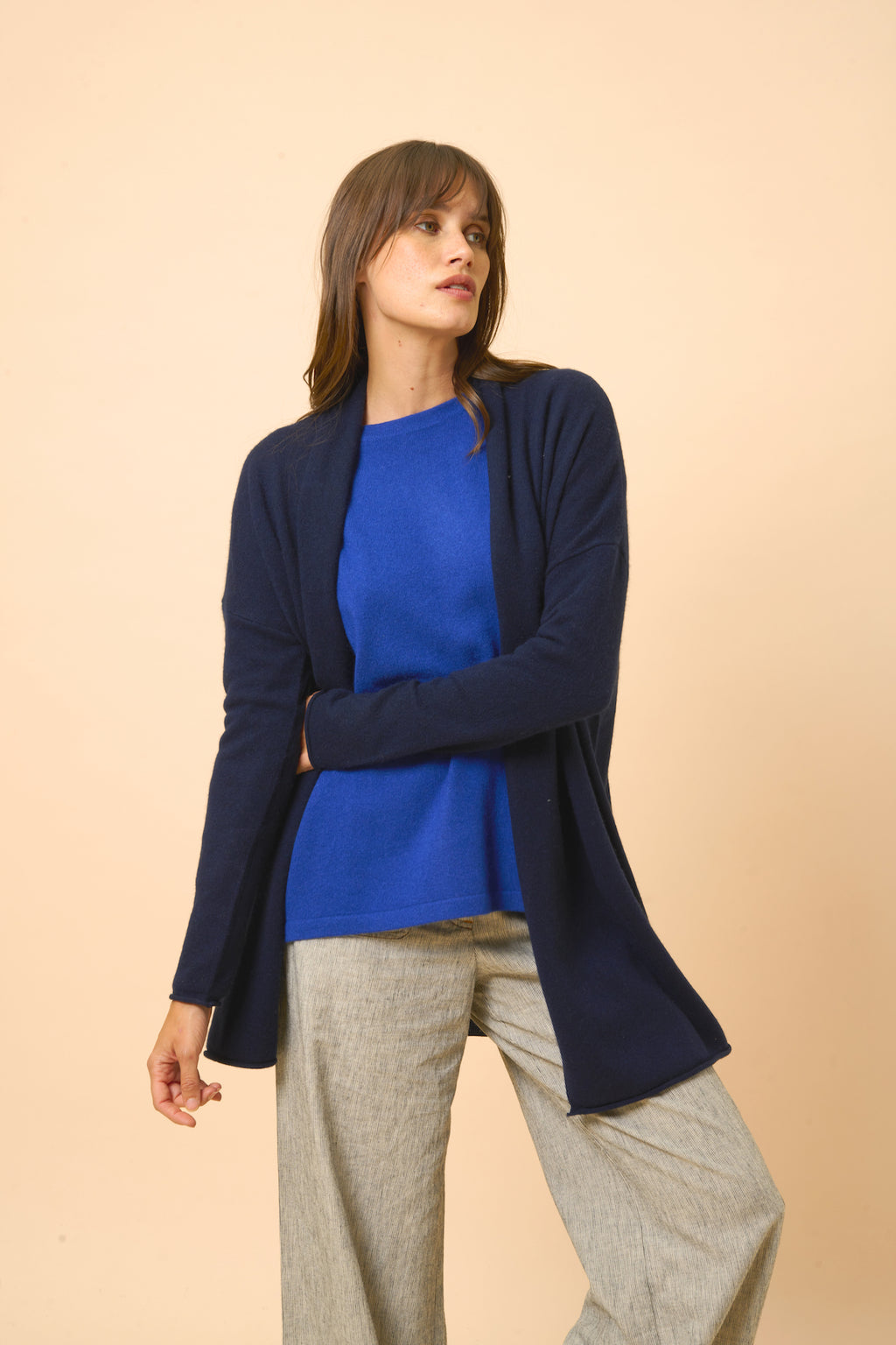 Gilet Long Ouvert Col Châle Maddie - 100% Cachemire 2 Fils - Navy - Femme
