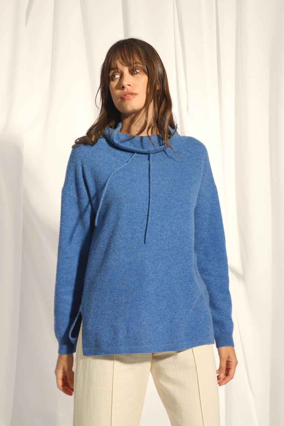 High-Neck Drawstring Side-Slit Jumper - Melrose - Denim Blue