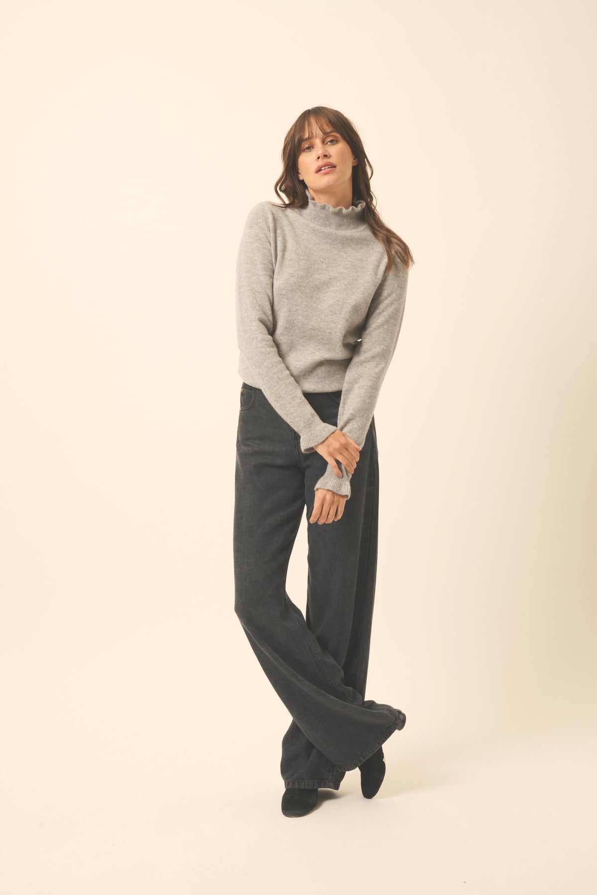 Pull Col Montant Volanté Trila - 100% Cachemire 2 Fils - Nuage Chiné - Femme