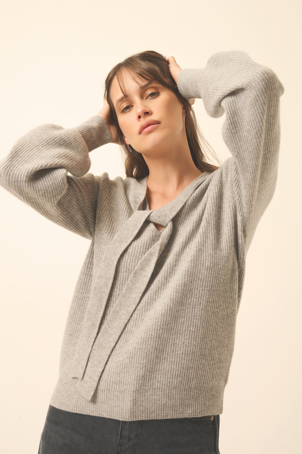 Jersey con Cuello Lazadade Noty - Nuage Chiné - 100% Cachemira 2 Cabos - Punto Inglés - Mujer
