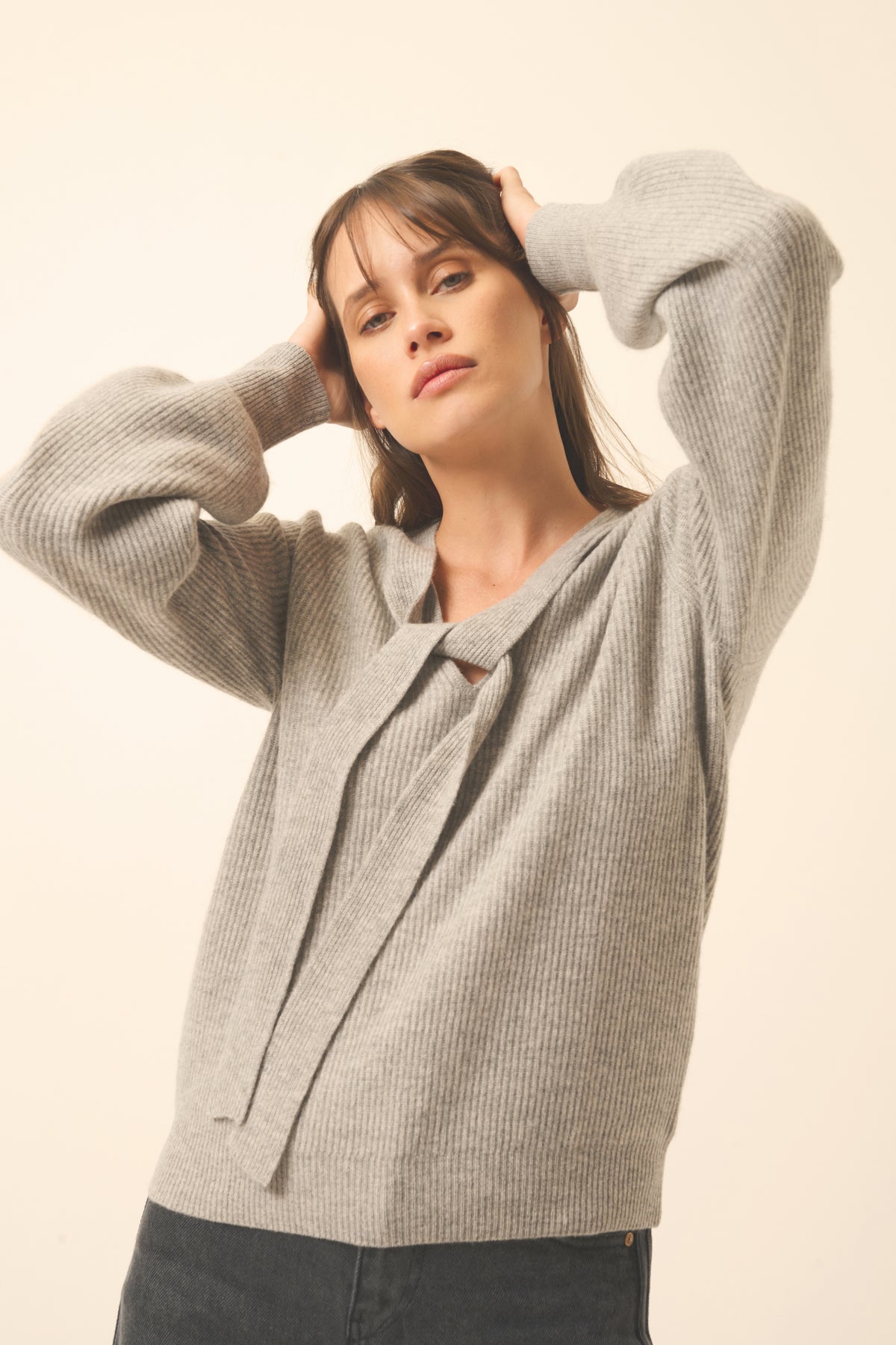 Jersey con Cuello Lazadade Noty - Nuage Chiné - 100% Cachemira 2 Cabos - Punto Inglés - Mujer
