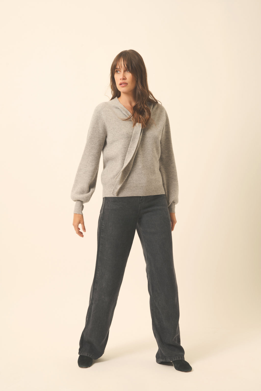Jersey con Cuello Lazadade Noty - Nuage Chiné - 100% Cachemira 2 Cabos - Punto Inglés - Mujer