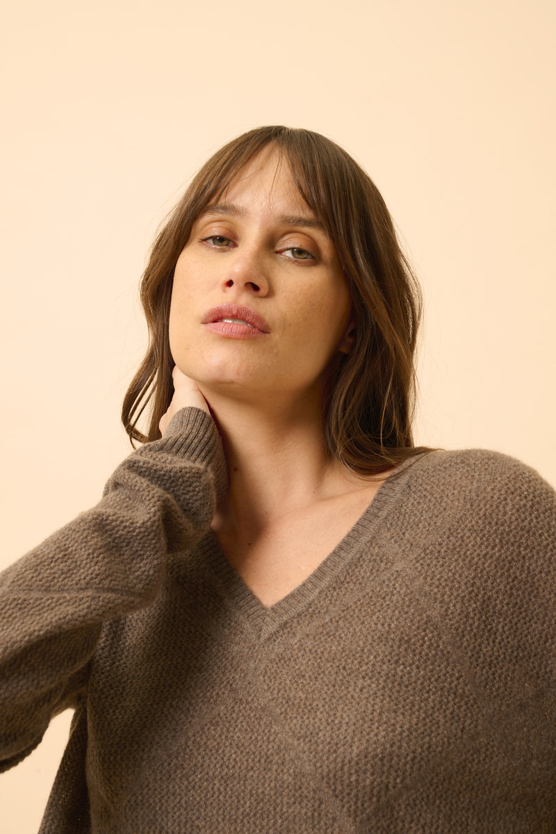 Pull Col V - Capucine - Taupe Chiné