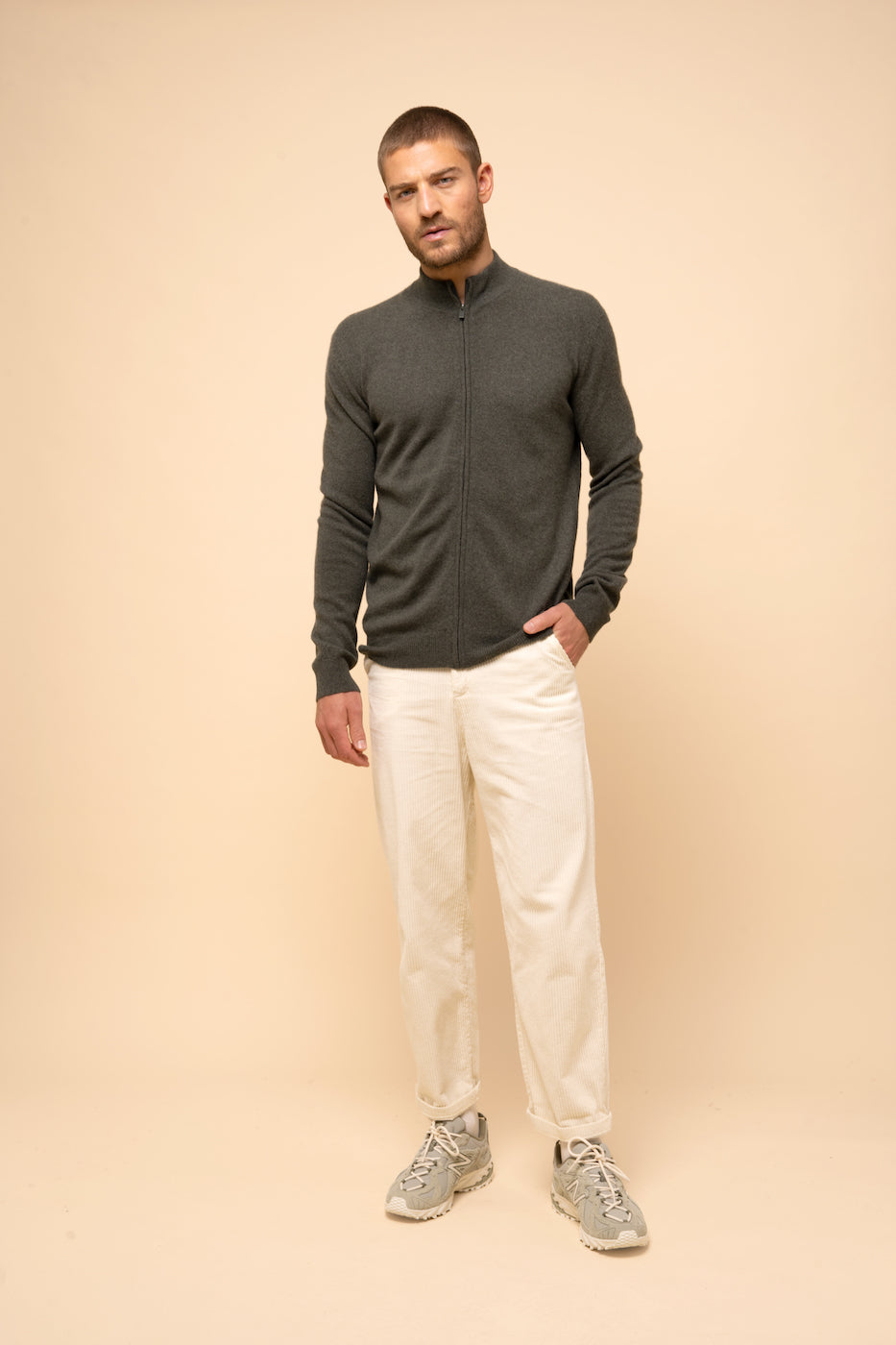 Chaqueta con Cremallera y Cuello Alto - Lilou - Kaki Chiné