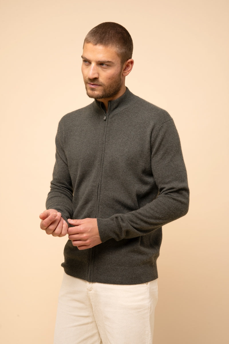 Chaqueta con Cremallera y Cuello Alto - Lilou - Kaki Chiné