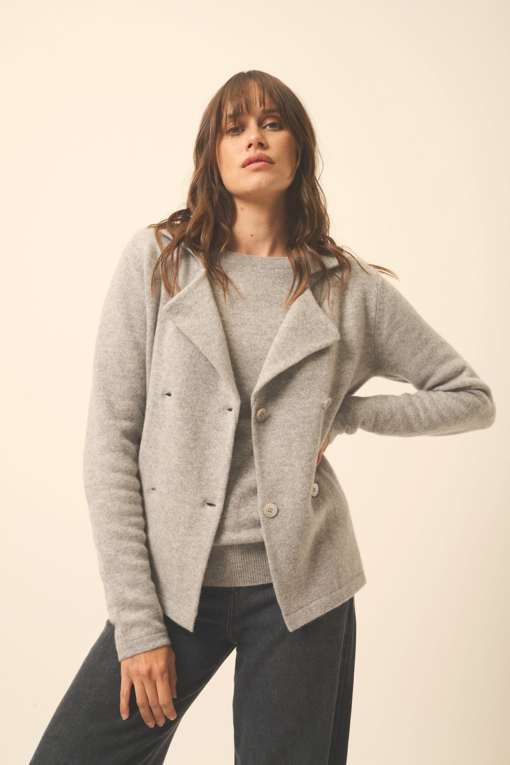 Buttoned Tailored Collar 4-Ply Jacket Chloe - 100% 4-Ply Cashmere - Cloud Marl - Women